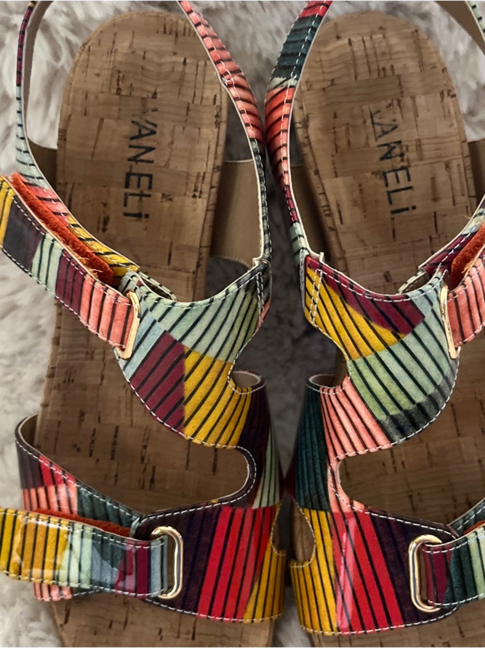 Vaneli Multicolor Striped Cork Wedge Sandals